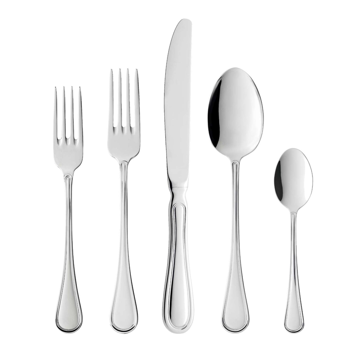 A 20-piece cutlery set including dinner knife, dinner fork, salad fork, soup spoon, and teaspoons, all made of high-gloss polished stainless steel with a discreet and delicate design.