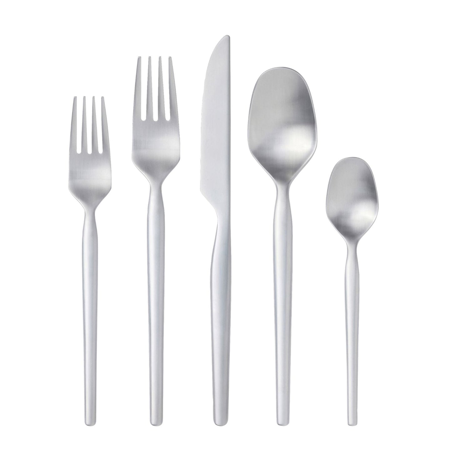 A 5-piece cutlery set including a table knife, table fork, table spoon, lunch fork, and tea spoon, all in matte finish 18/8 stainless steel.