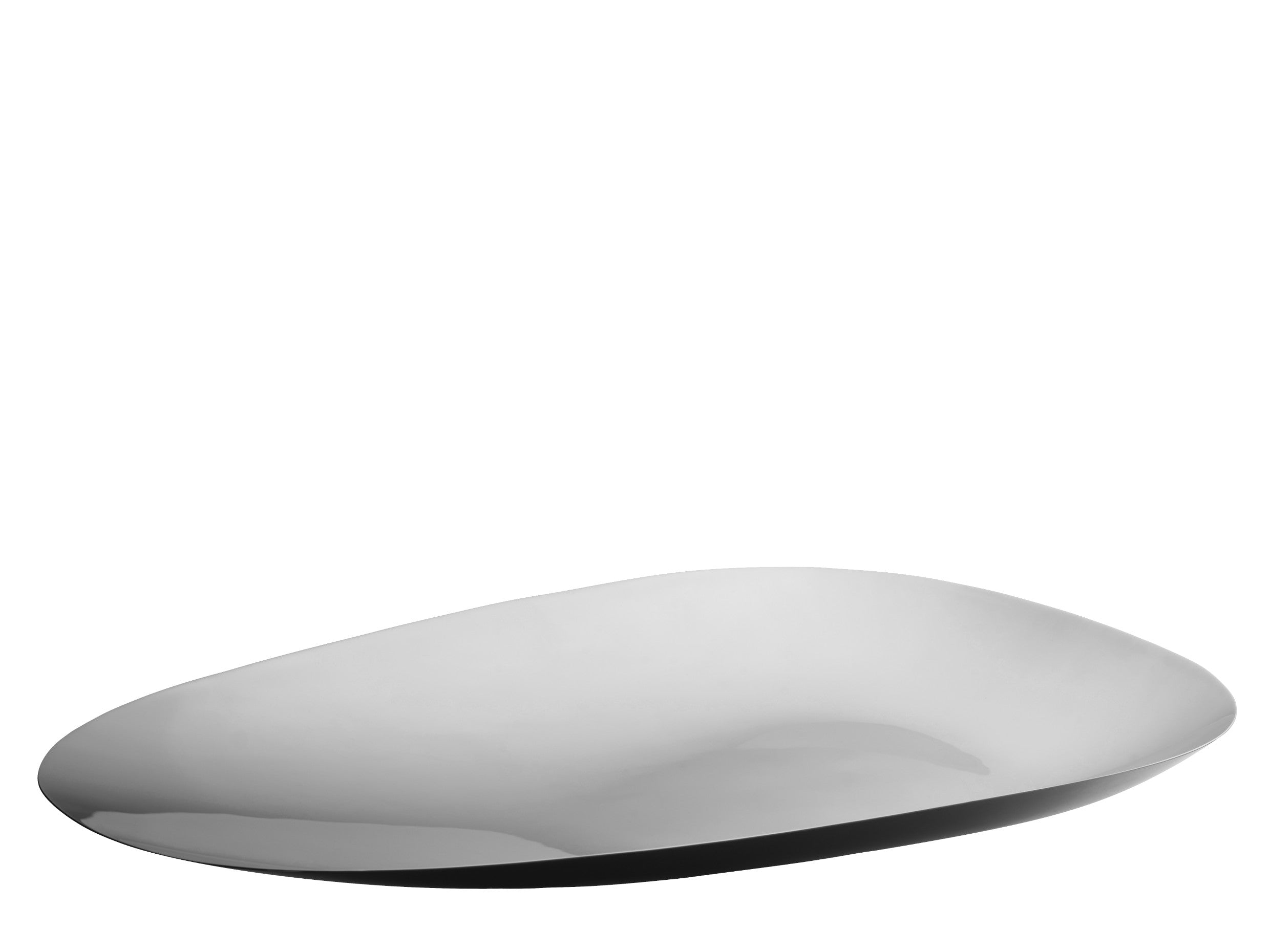 A polished stainless steel serving dish with an organic, flowing design.