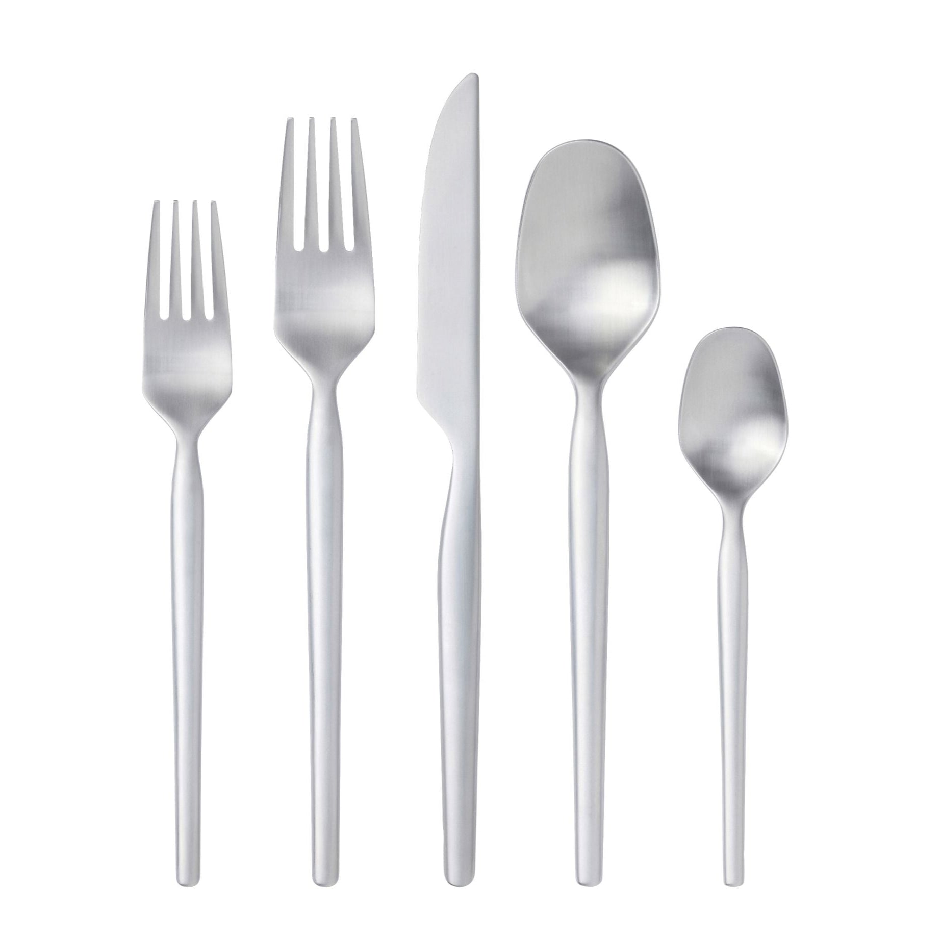 A 5-piece cutlery set including a table knife, table fork, table spoon, lunch fork, and tea spoon, all in matte finish 18/8 stainless steel.