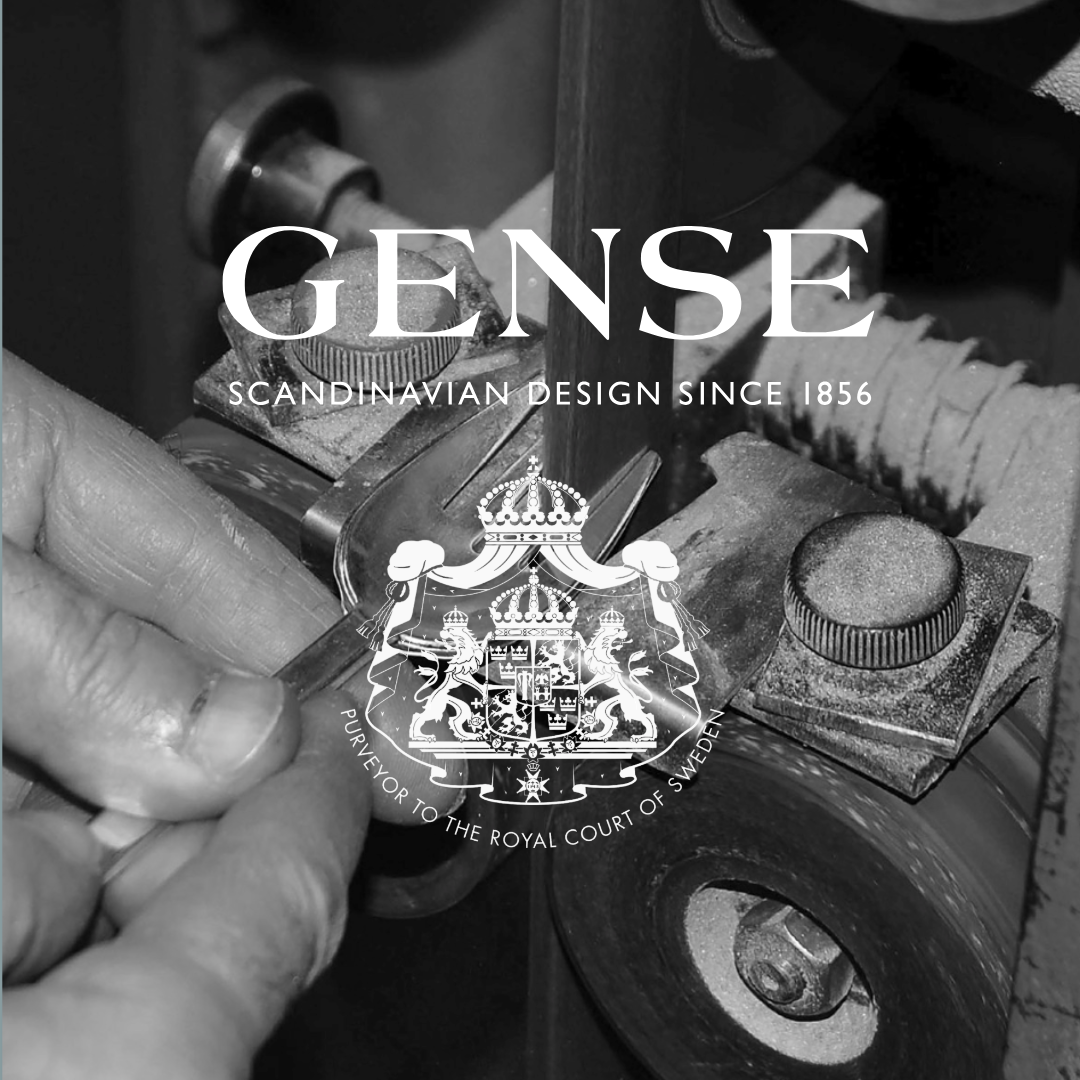 Close-up of a person working on a tool with 'Gense' branding and text about Scandinavian design and royal connection.