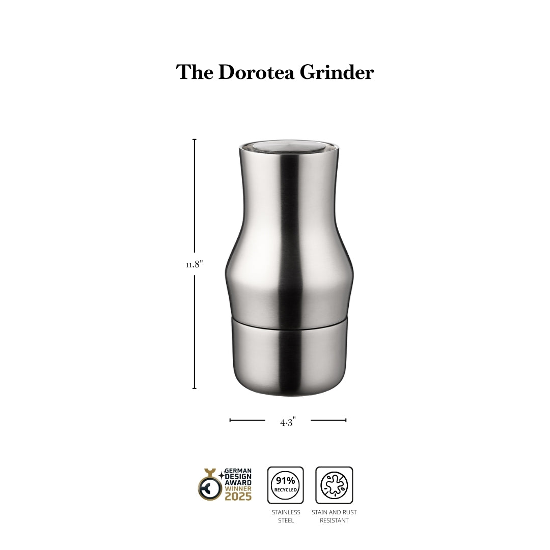 The Dorotea Grinder shown on a white background with dimension lines indicating a height of 11.8 inches and a width of 4.