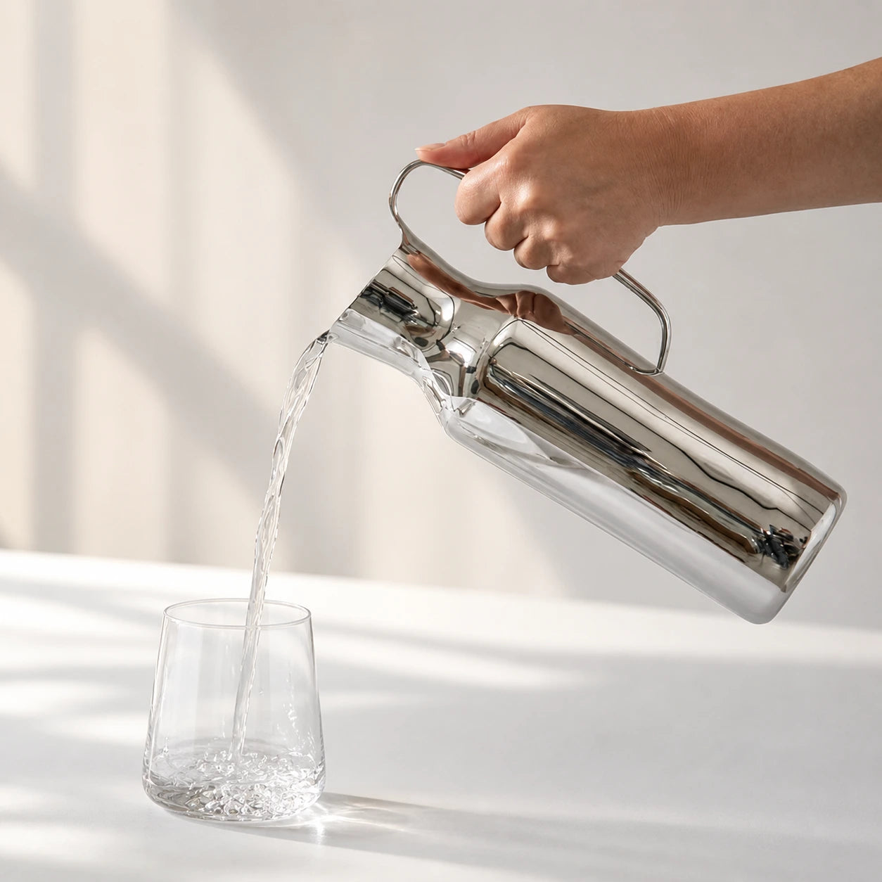 Hand pouring water from a Dorotea silver pitcher into a glass on a light background