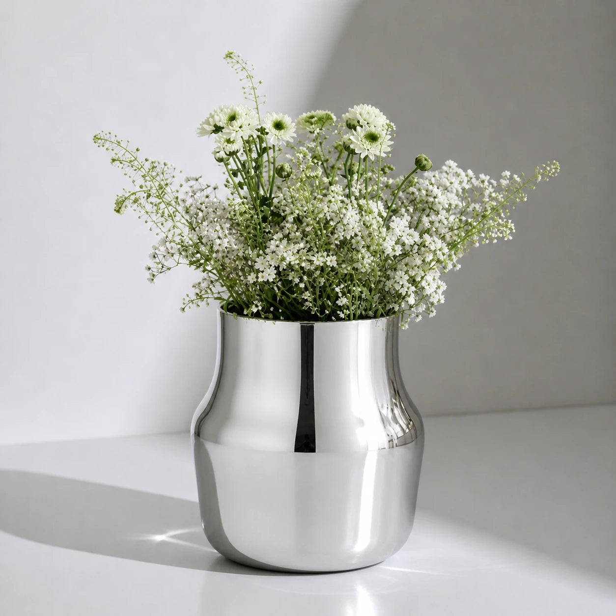 Dorotea Stainless steel vase with flowers on a white surface