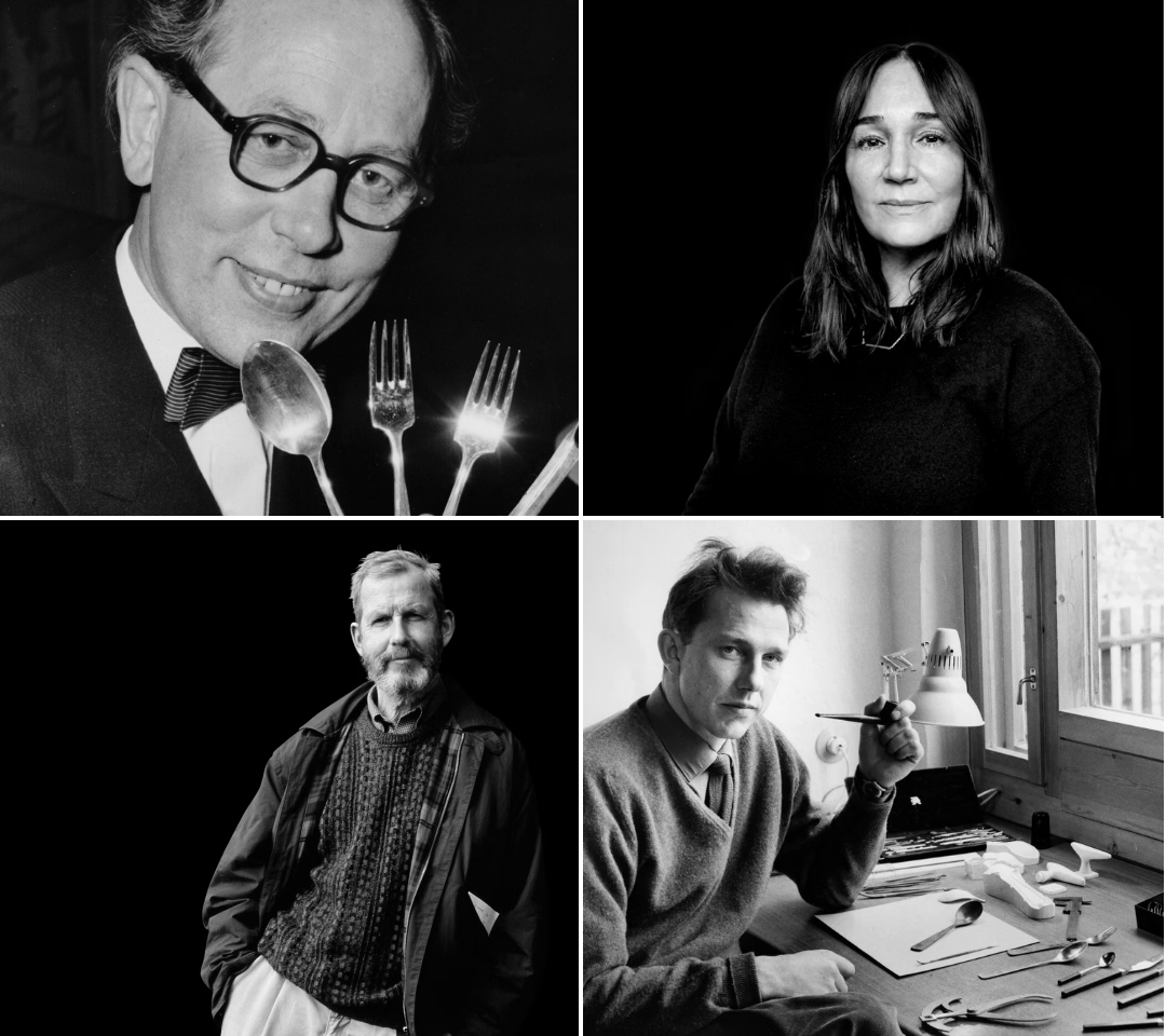 Collage of four black and white portraits of individuals, likely designers or architects, with a focus on their work environments - Gunnar Cyrén, Monica Förster, Folke Arström, Tias Eckoff
